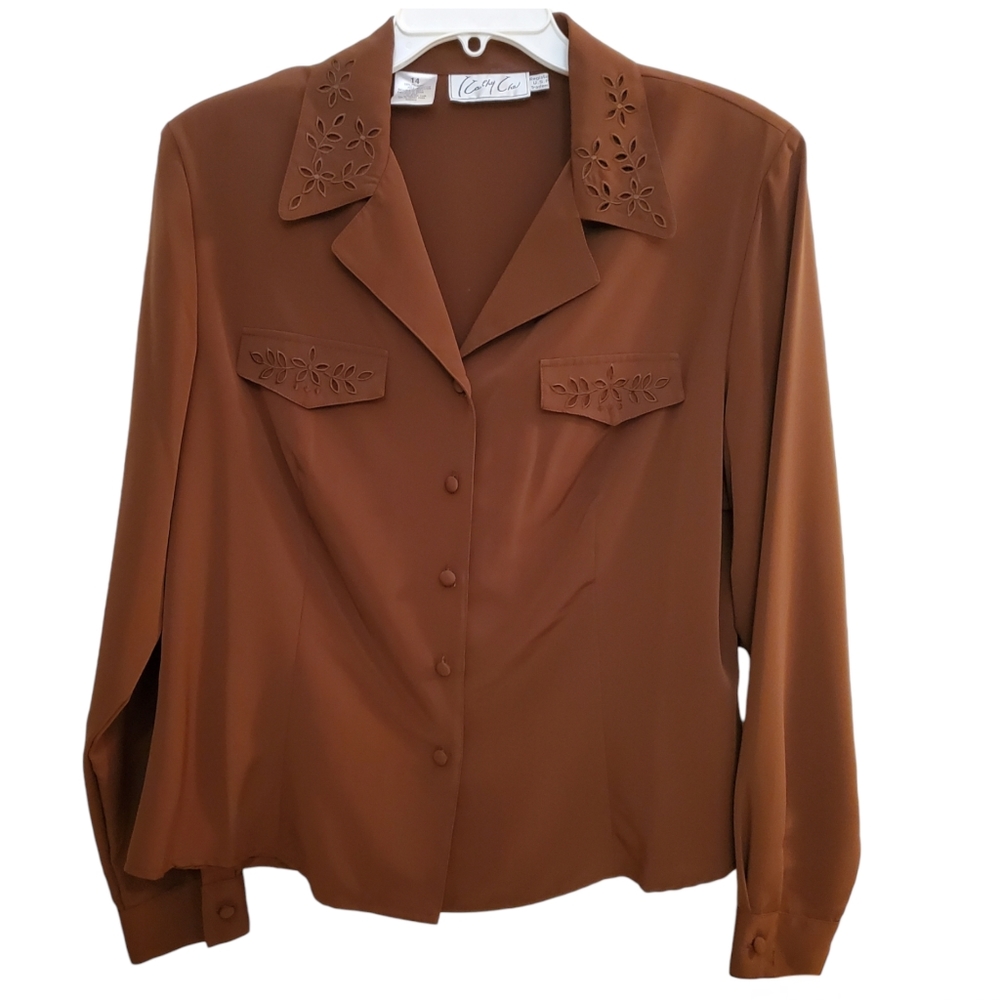 Cathy Che blouse button down brown flower floral eyelet cutouts w Darts size 14